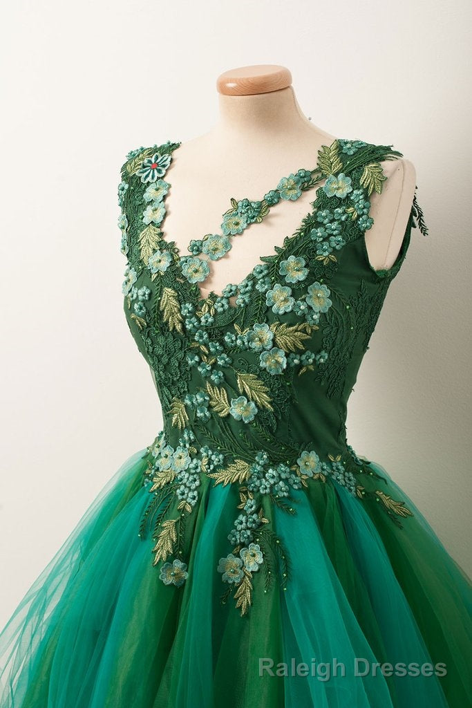 Unique V Neck Green Tulle Lace Short Prom Dress, Green Homecoming Dress