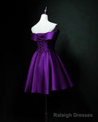 Cute Short Sweetheart Satin Off Shoulder Purple Short Prom Dresses