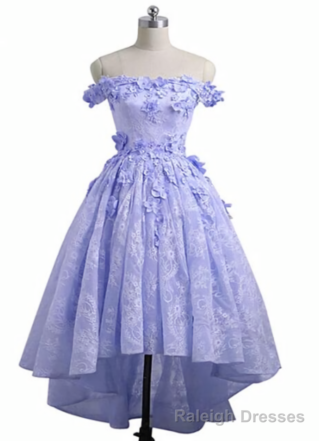 Lavender High Low Lace Party Dress, Cute Off Shoulder Prom Dress Main image