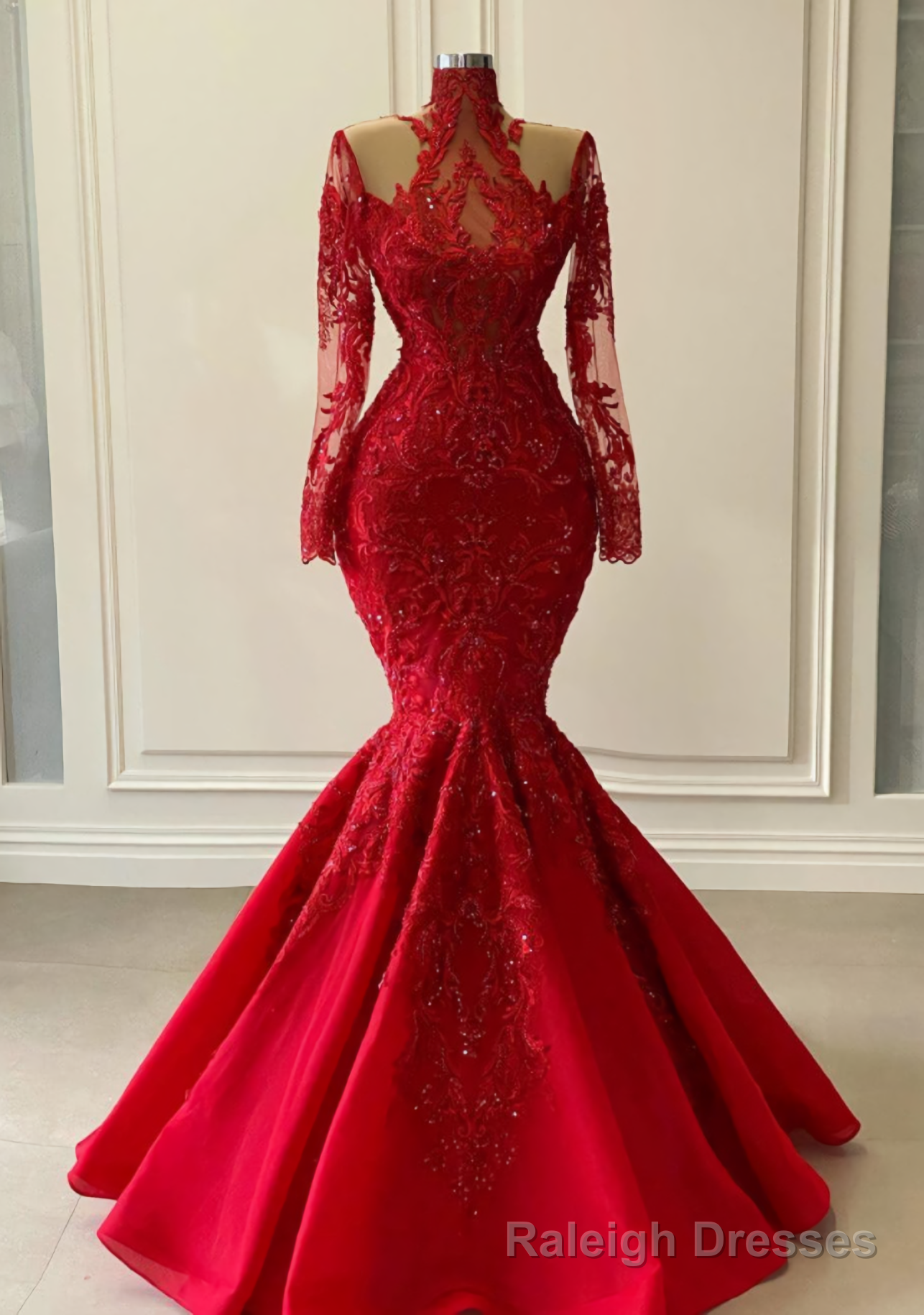 Arabic Aso Ebi Red Luxurious Lace Beaded Evening Dresses, Mermaid Long Sleeves Prom Dresses, Vintage Formal Party Second Reception Gowns Main image