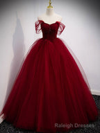 Burgundy Sweetheart Tulle Long Prom Dress, Burgundy Evening Dress