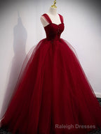 Burgundy Sweetheart Tulle Long Prom Dress, Burgundy Evening Dress