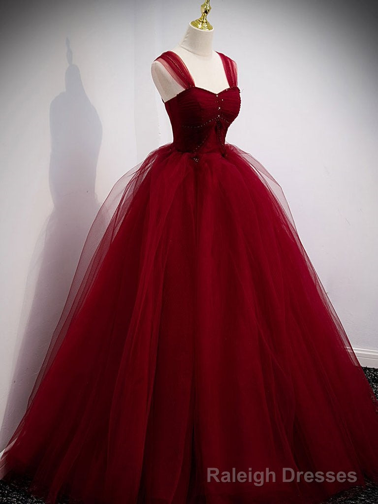 Burgundy Sweetheart Tulle Long Prom Dress, Burgundy Evening Dress