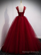 Burgundy Sweetheart Tulle Long Prom Dress, Burgundy Evening Dress