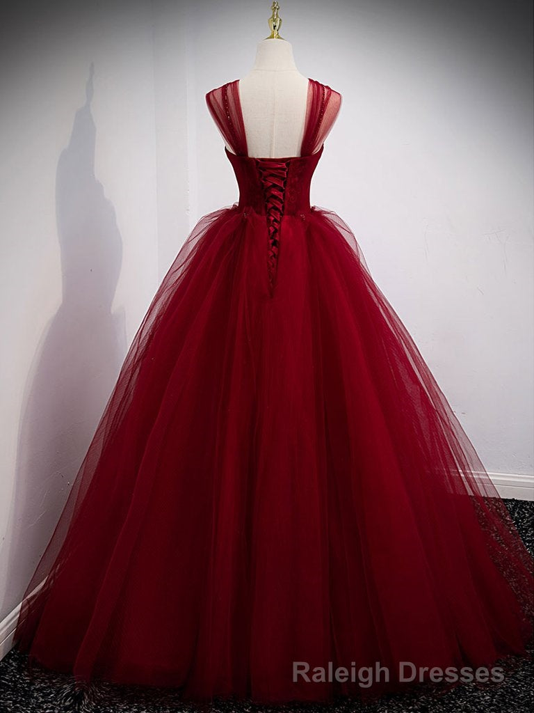 Burgundy Sweetheart Tulle Long Prom Dress, Burgundy Evening Dress