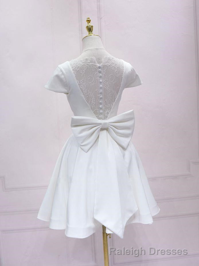 White V Neck Satin Lace Short Prom Dress, White Homecoming Dress Secondary image