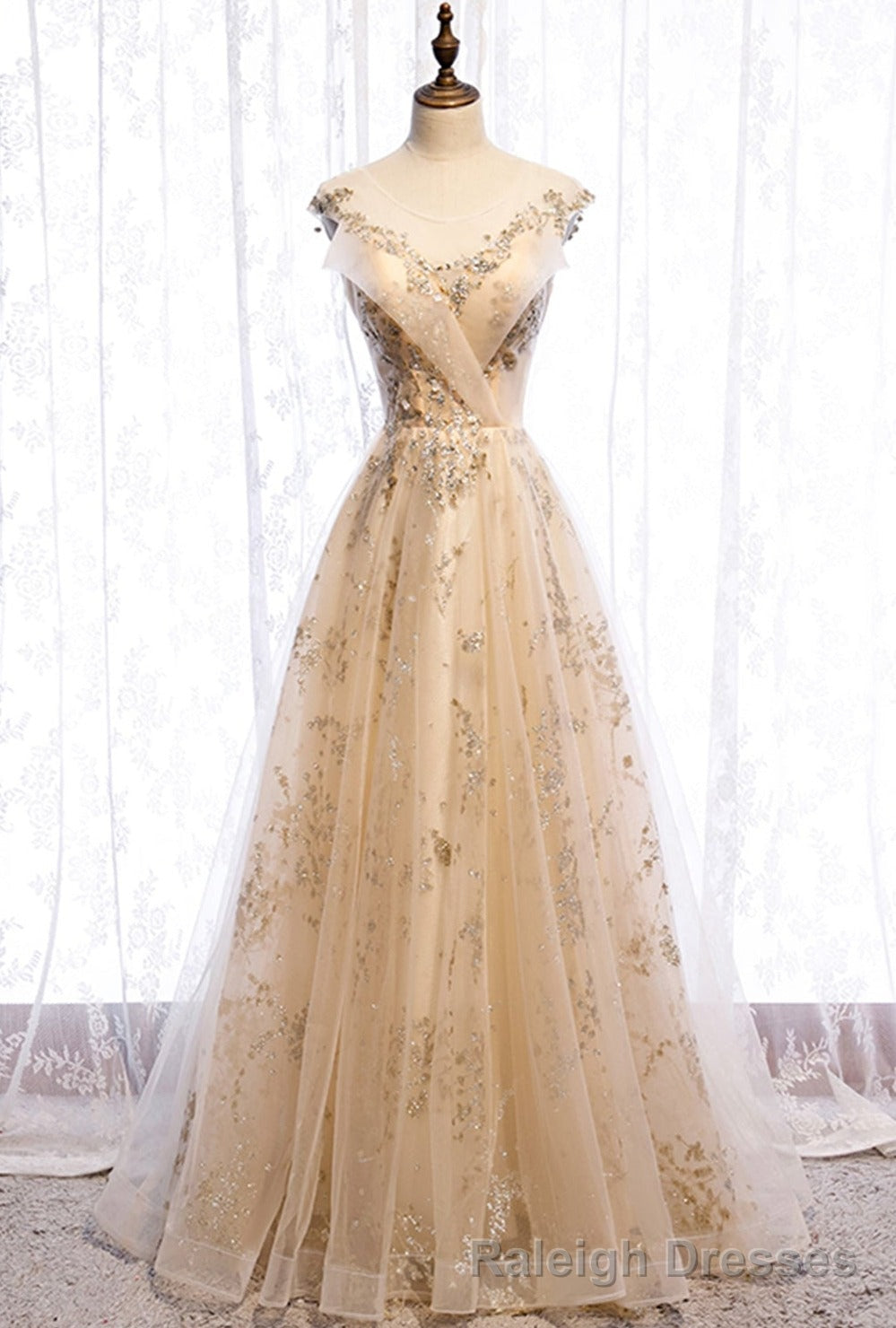 Champagne Tulle Sequins Long Prom Dress Evening Gown Main image