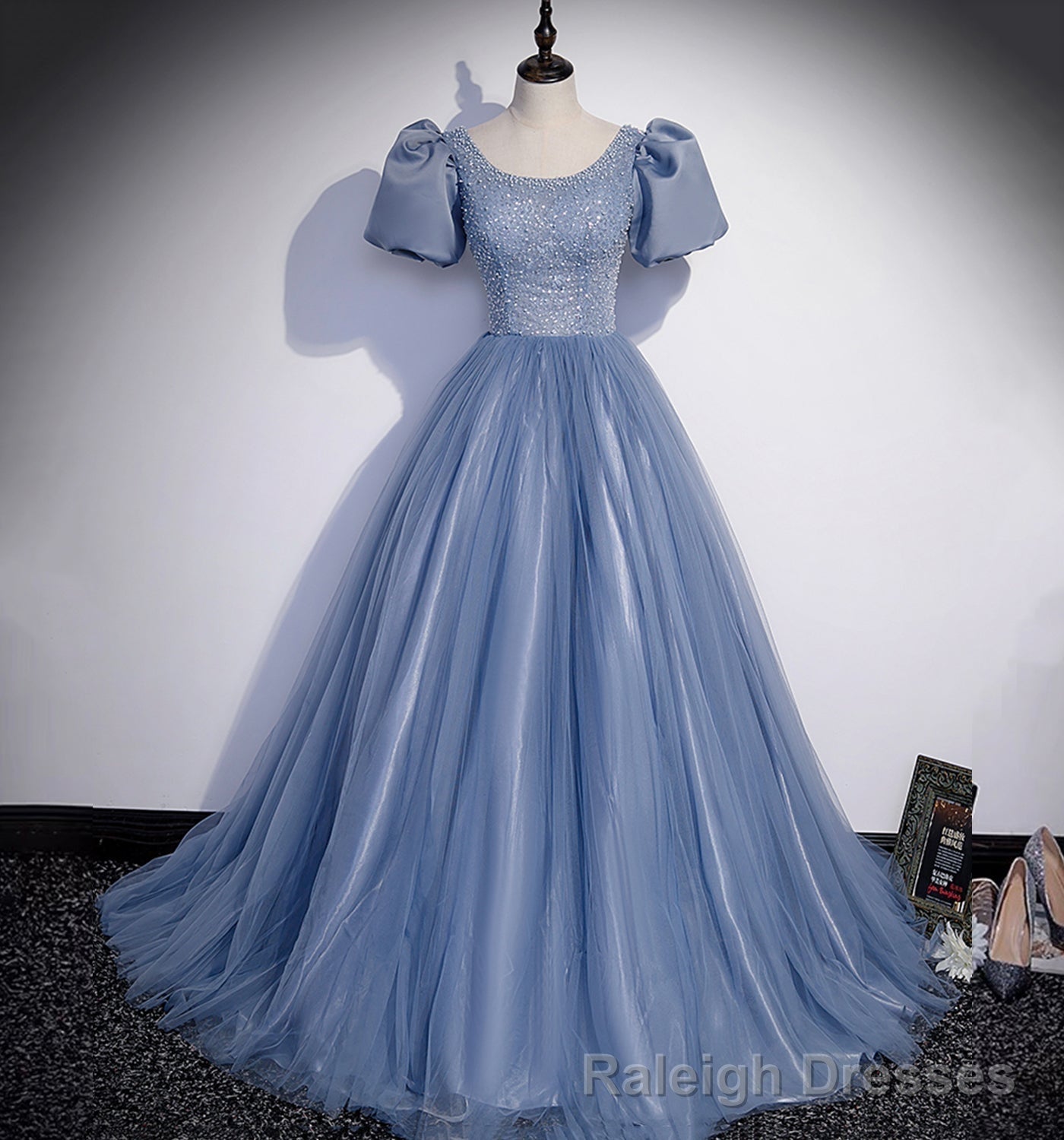 Blue Tulle Long Prom Dress, A Line Evening Gown