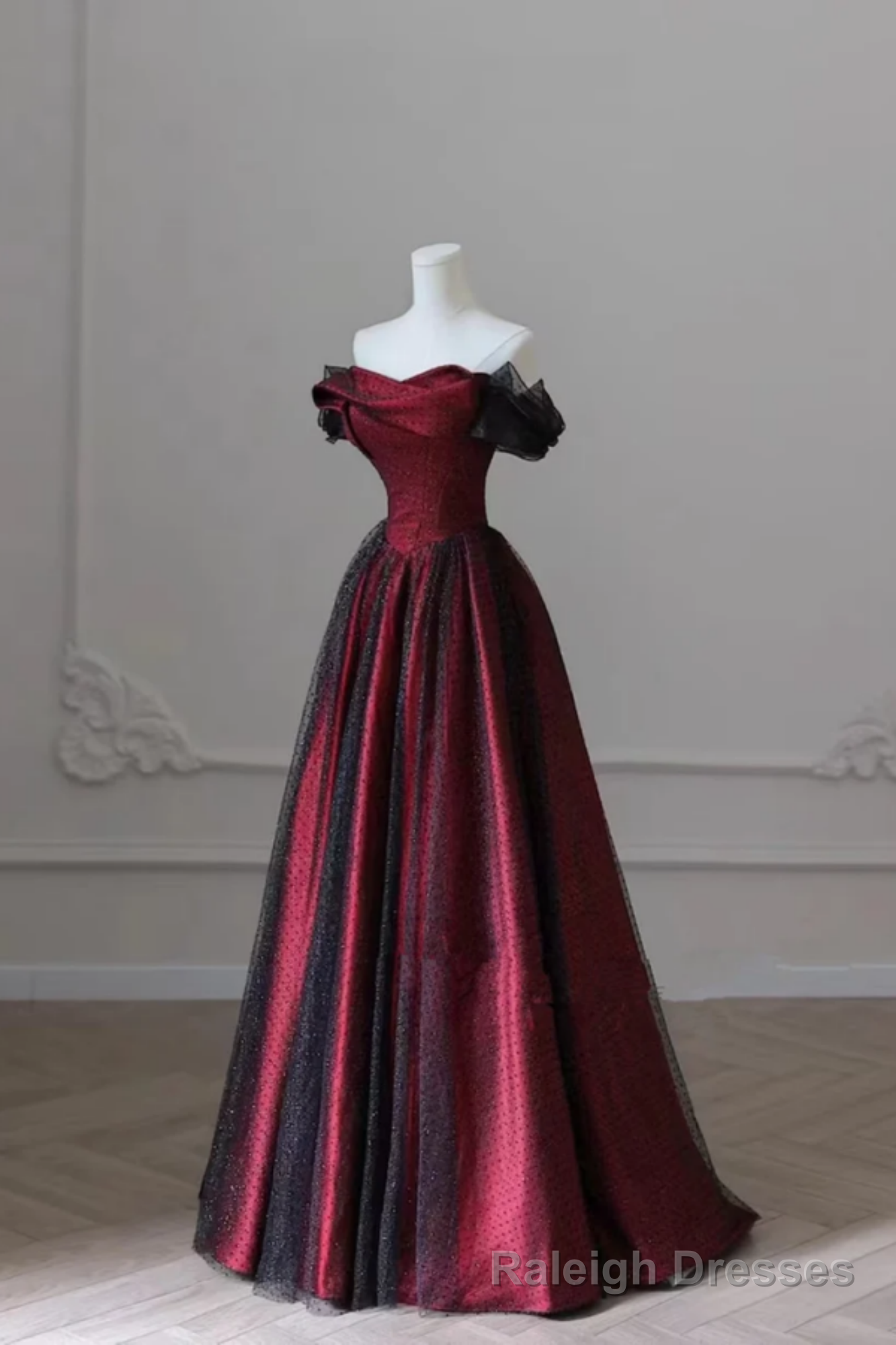 Black And Red Off Shoulder Satin Long Prom Dress, Off The Shoulder Party Dress Main image