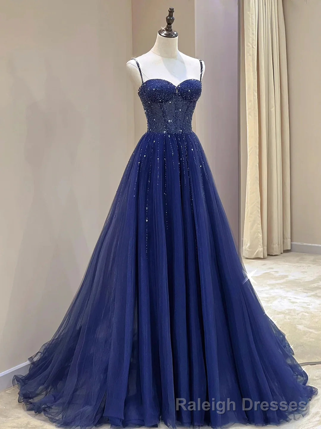Spaghetti Straps Blue Tulle Beaded Long Formal Dress Main image