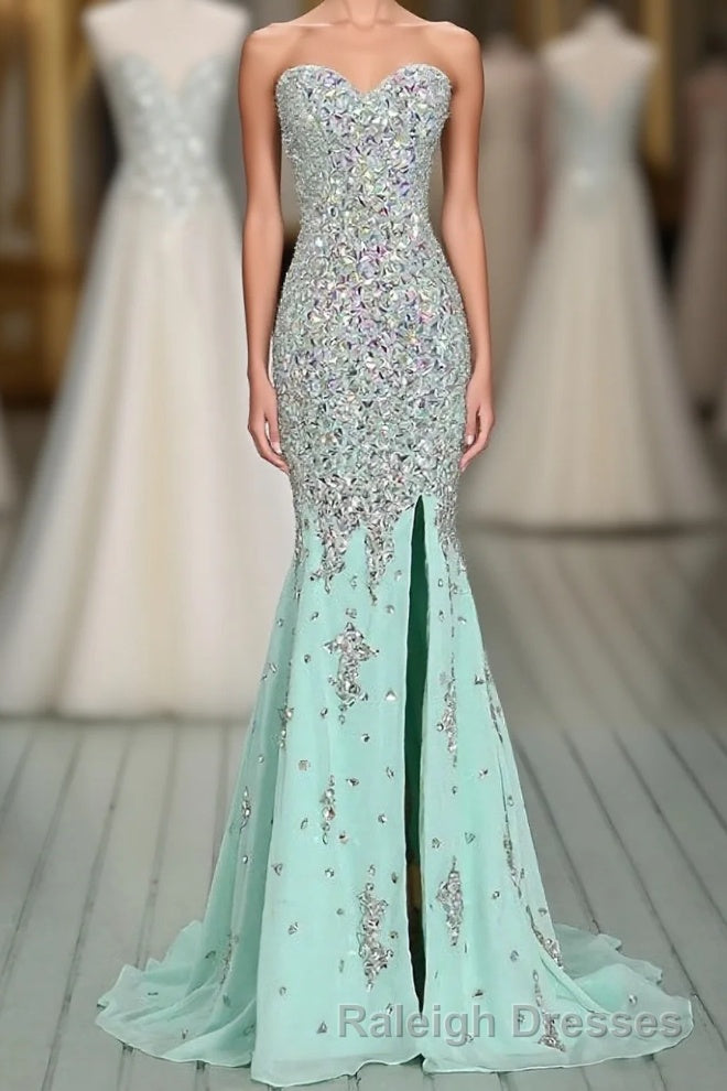 High Quality Mermaid Rhinestones Long Sweetheart Front Split Mint Chiffon Trumpet 2026 Prom Dress Main image