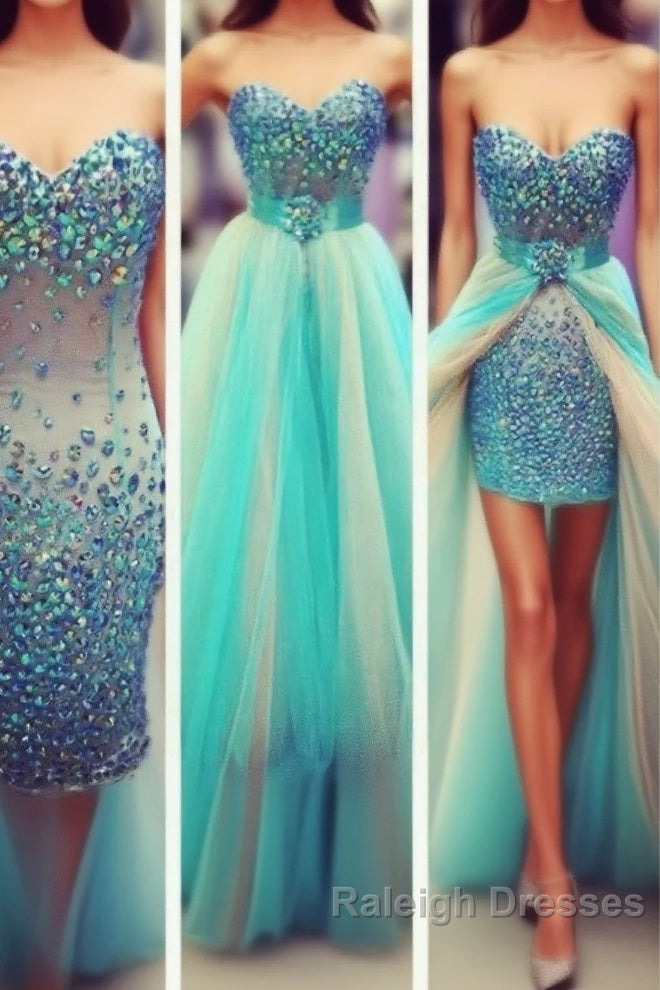 Sexy Colored Crystal Rhinestones Removable Skirt Sheath Long Heavy Beadings Green Champagne Long Prom Dresses