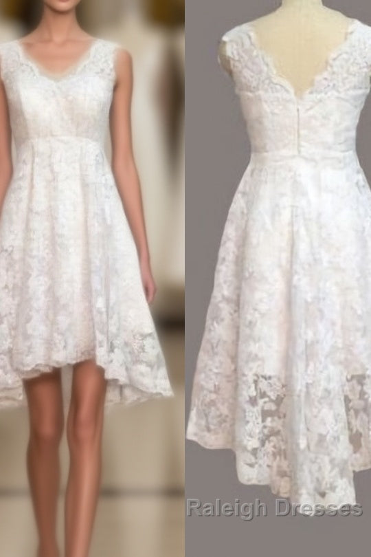Vintage Ivory Lace Front Short Long Back Beach V Neck High Low Short O