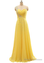 Elegant One Shoulder Yellow Chiffon Beaded Pleat Long Bridesmaid Dresses