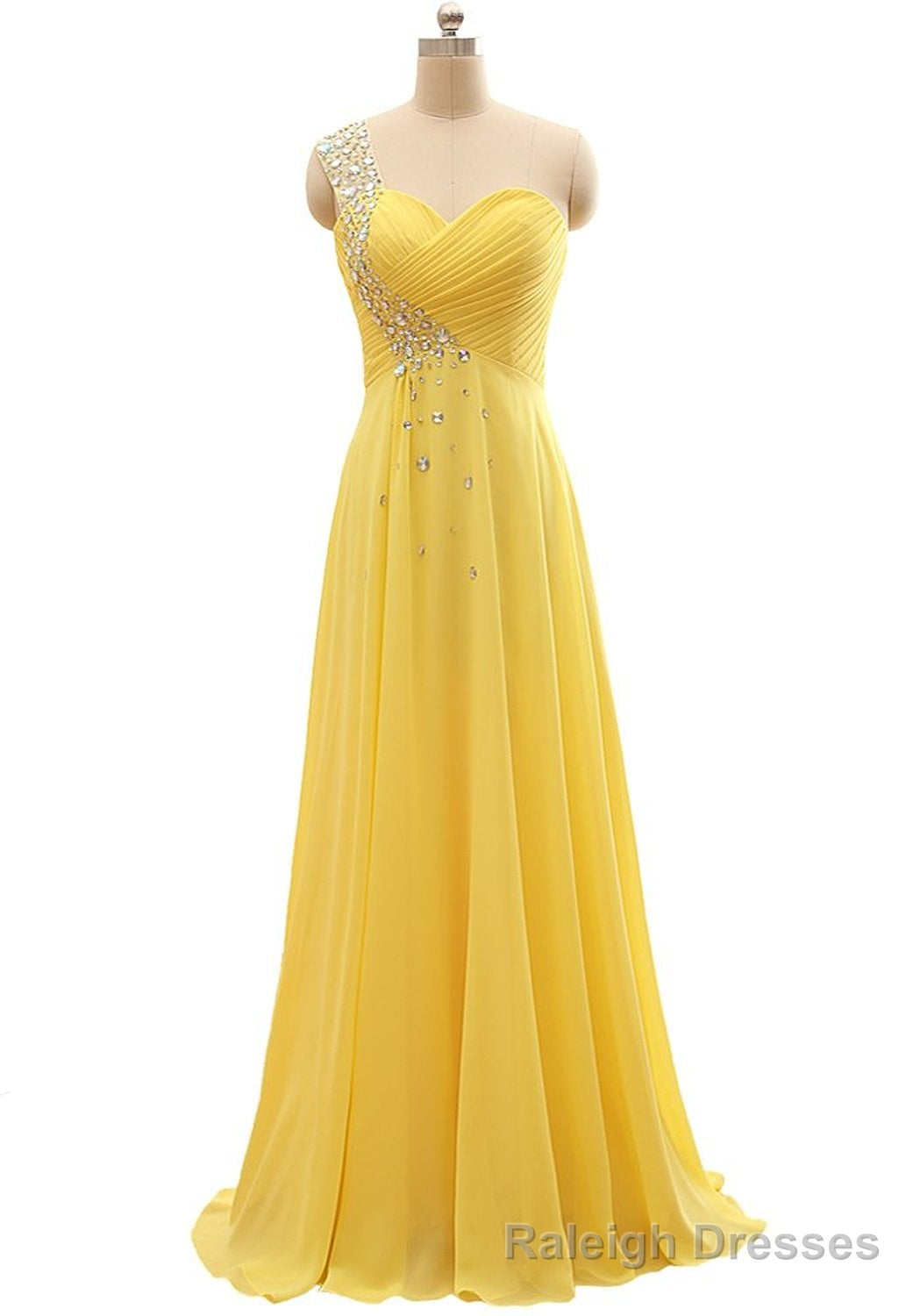 Elegant One Shoulder Yellow Chiffon Beaded Pleat Long Bridesmaid Dresses