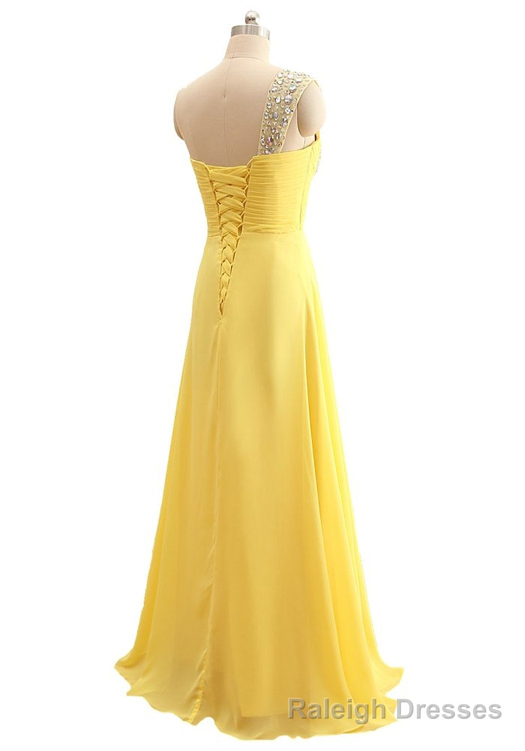 Elegant One Shoulder Yellow Chiffon Beaded Pleat Long Bridesmaid Dresses Main image
