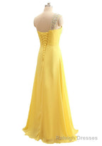 Elegant One Shoulder Yellow Chiffon Beaded Pleat Long Bridesmaid Dresses