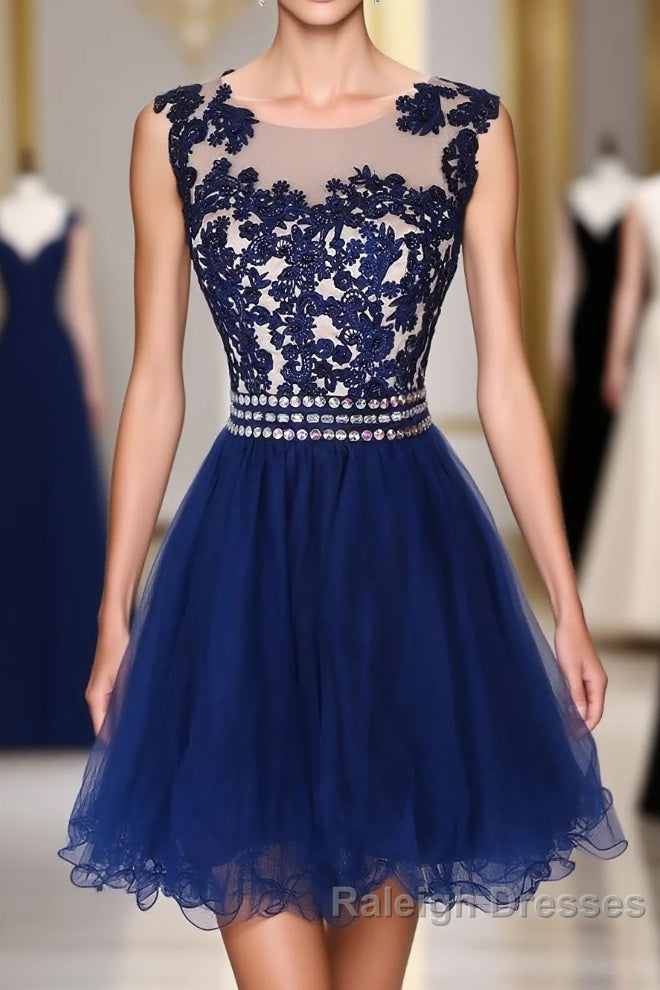 Navy Blue Lace Short With Waist Beadings Royal Blue Custom Made Mini Length Women Skirt Prom Dresses Main image
