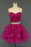 Hot Pink Organza Sweetheart Neckline Short Beadings Belt Tiered Rose Red Layers Prom Dresses