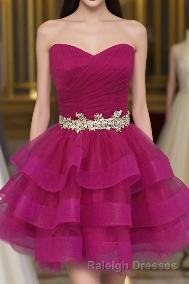Hot Pink Organza Sweetheart Neckline Short Beadings Belt Tiered Rose Red Layers Prom Dresses Main image