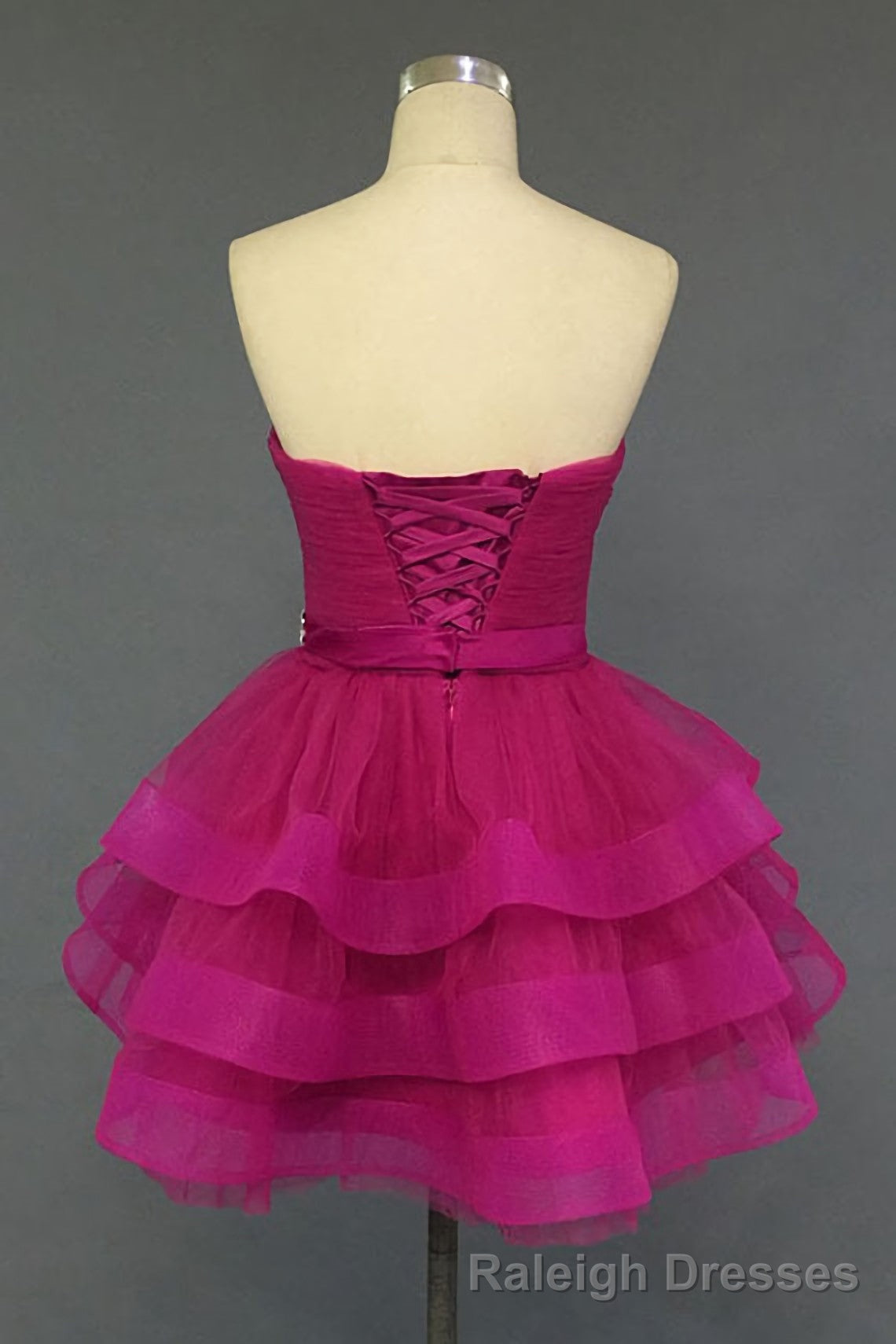 Hot Pink Organza Sweetheart Neckline Short Beadings Belt Tiered Rose Red Layers Prom Dresses Secondary image