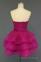 Hot Pink Organza Sweetheart Neckline Short Beadings Belt Tiered Rose Red Layers Prom Dress