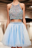 Two Pieces Light Blue Short High Neck Open Back Rhinestones Mid Section Sky Blue Prom Dresses