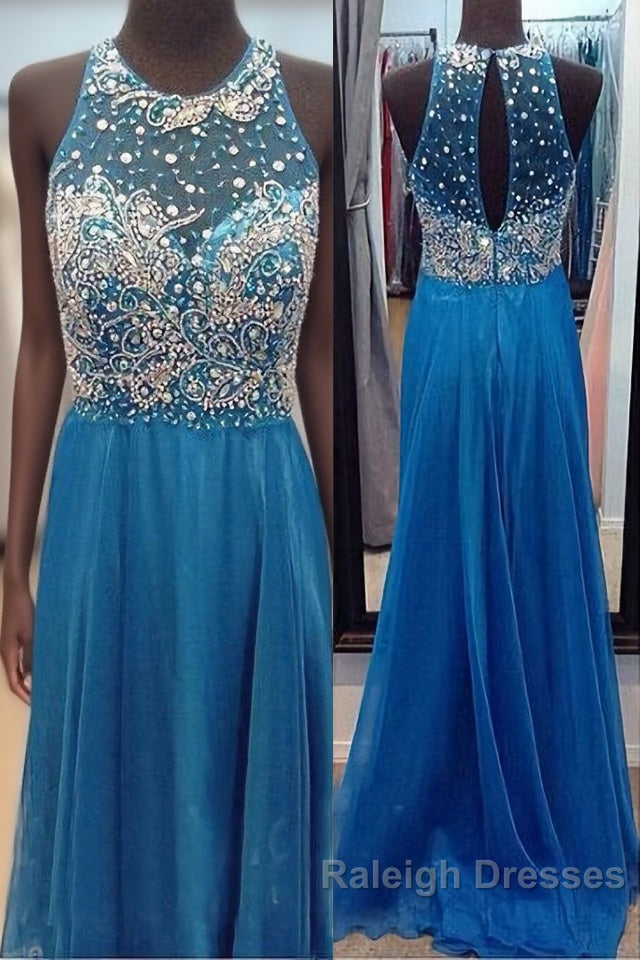 High Neck See Through O Back Dark Blue Chiffon Long Open Back Beaded Crystal A Line Bodice Sexy Prom Dresses Main image