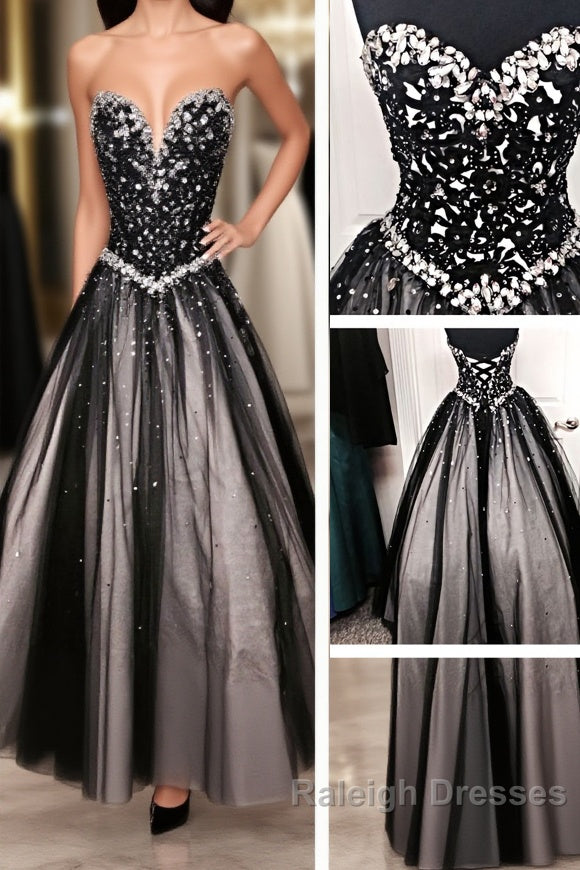 Black White Tulle Long Sweetheart Beaded Bodice For Teens Juniors Prom Dresses