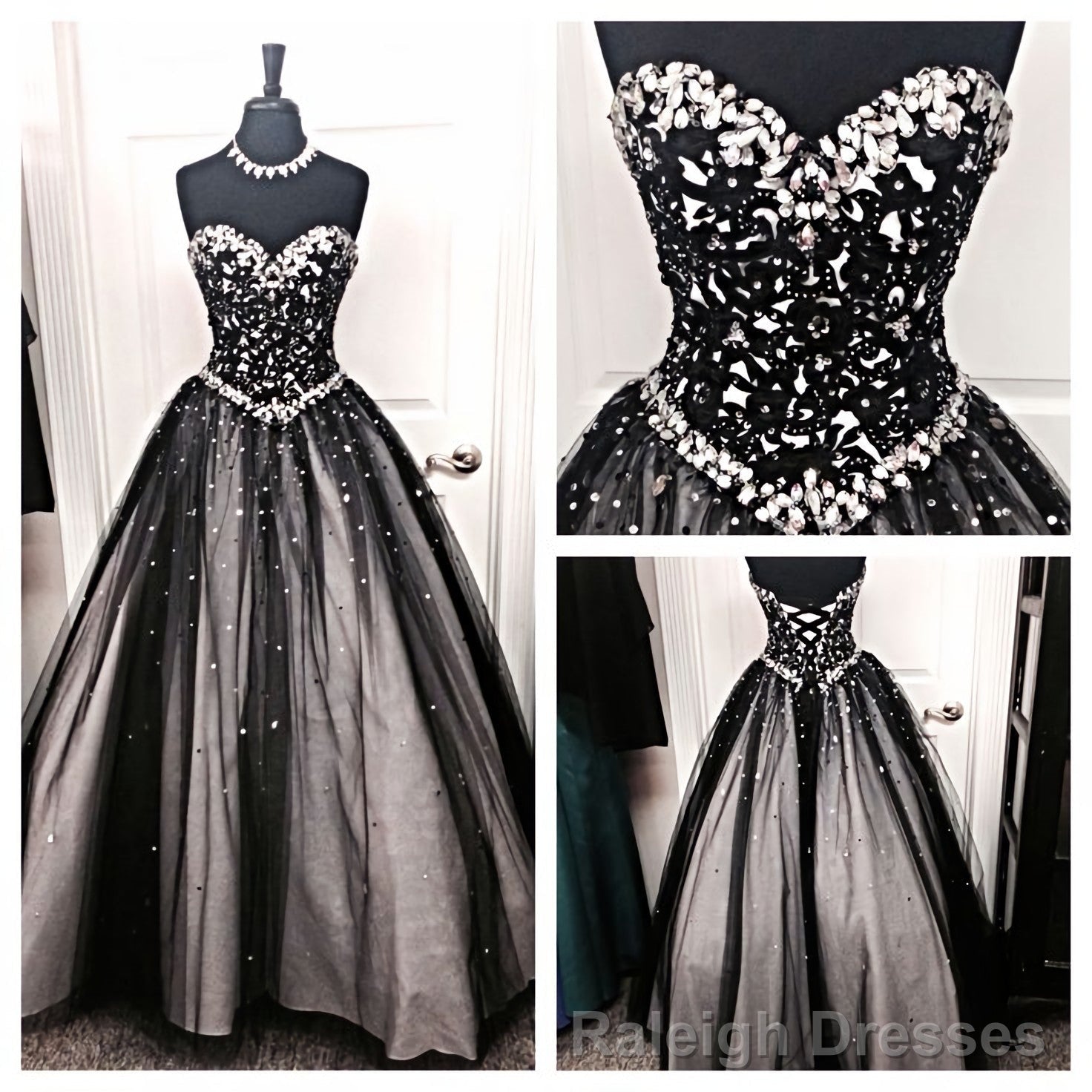 Black White Tulle Long Sweetheart Beaded Bodice For Teens Juniors Prom Dresses Main image