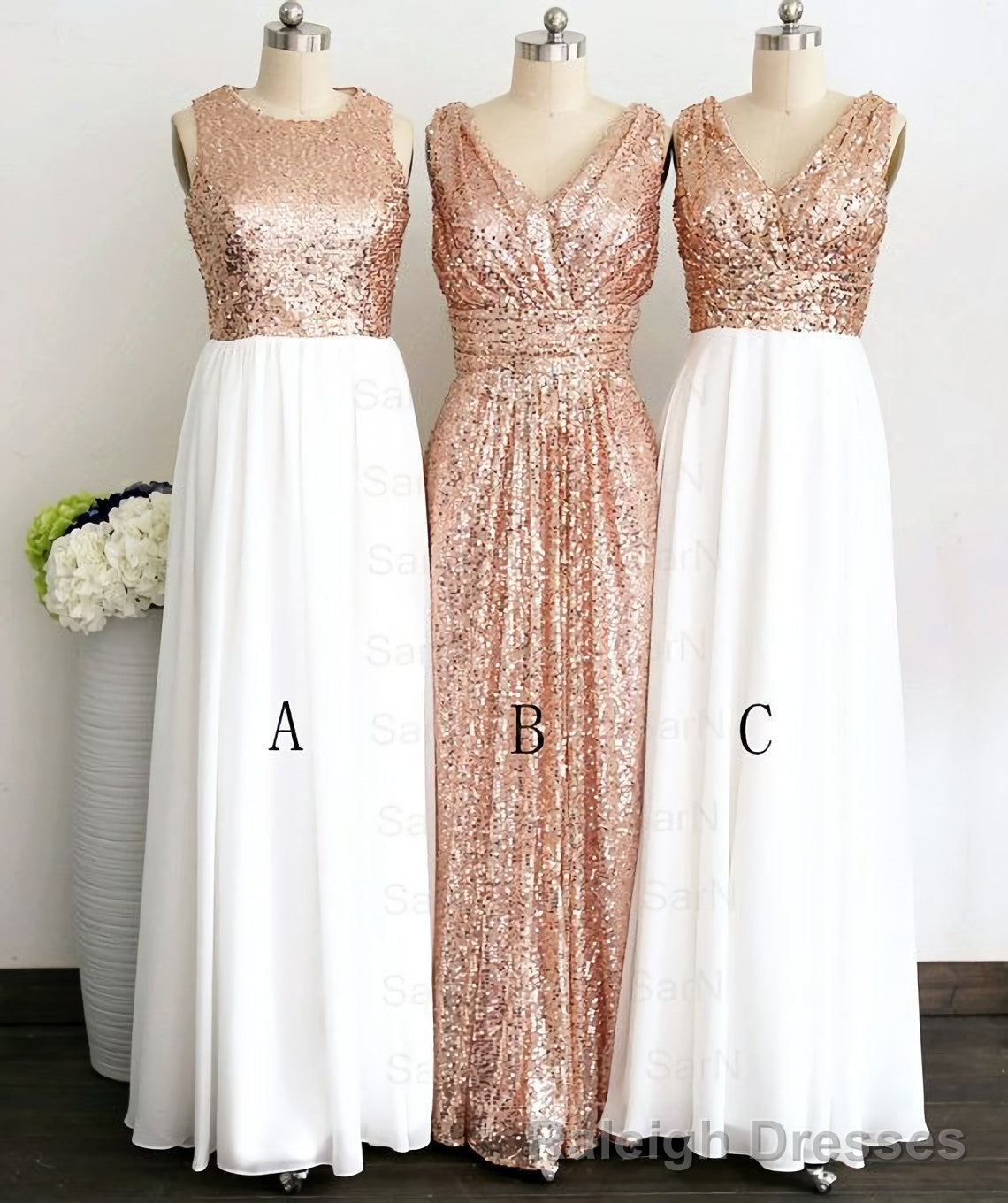Rose Gold Sequin White Chiffon V Neck Sexy Long Elegant Simple Prom Dresses Main image