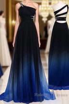 One Shoulder Navy Blue Royal Blue Ombre Gradient Color Chiffon Long Ombre For Sweet 16 Prom Dresses