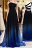 One Shoulder Navy Blue Royal Blue Ombre Gradient Color Chiffon Long Ombre For Sweet 16 Prom Dresses