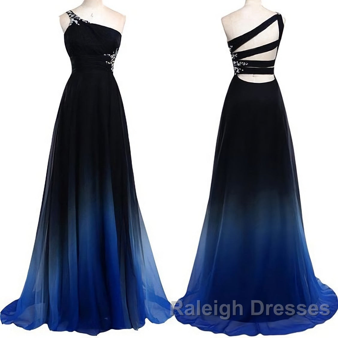 One Shoulder Navy Blue Royal Blue Ombre Gradient Color Chiffon Long Ombre For Sweet 16 Prom Dresses
