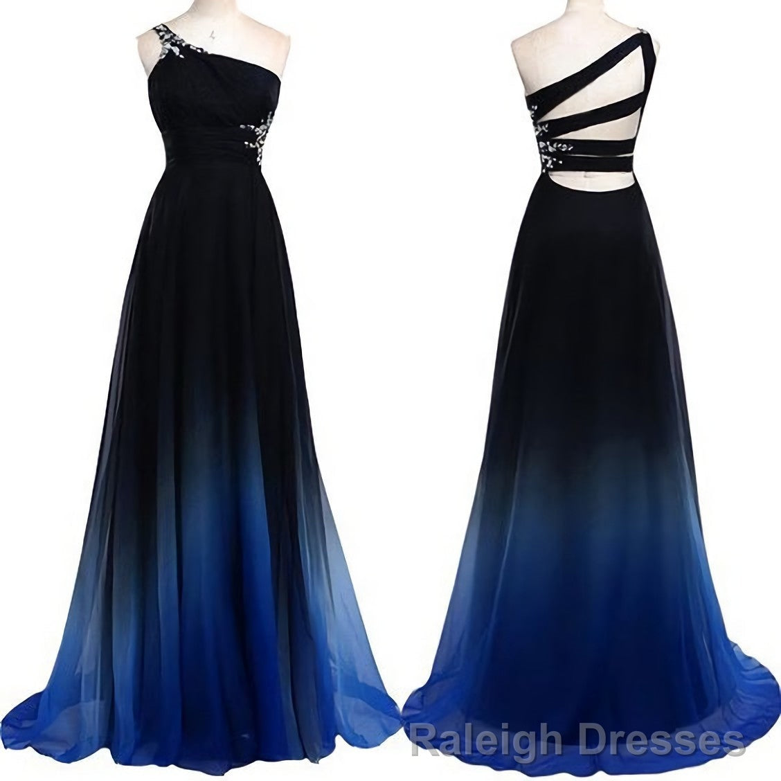 One Shoulder Navy Blue Royal Blue Ombre Gradient Color Chiffon Long Ombre For Sweet 16 Prom Dresses Secondary image