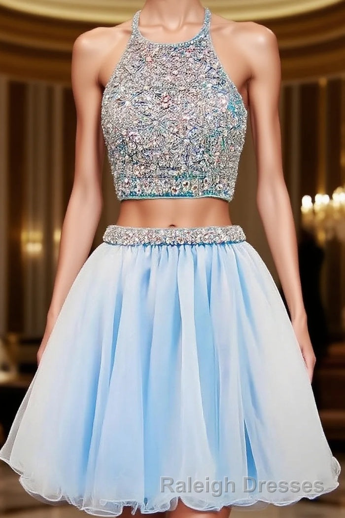 2024 Beautiful Short Two Pieces Light Sky Blue Halter Open Back For Teens Prom Dresses