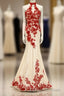Charming Red Lace And Champagne Tulle Halter Elegant Sparkly Prom Dresses
