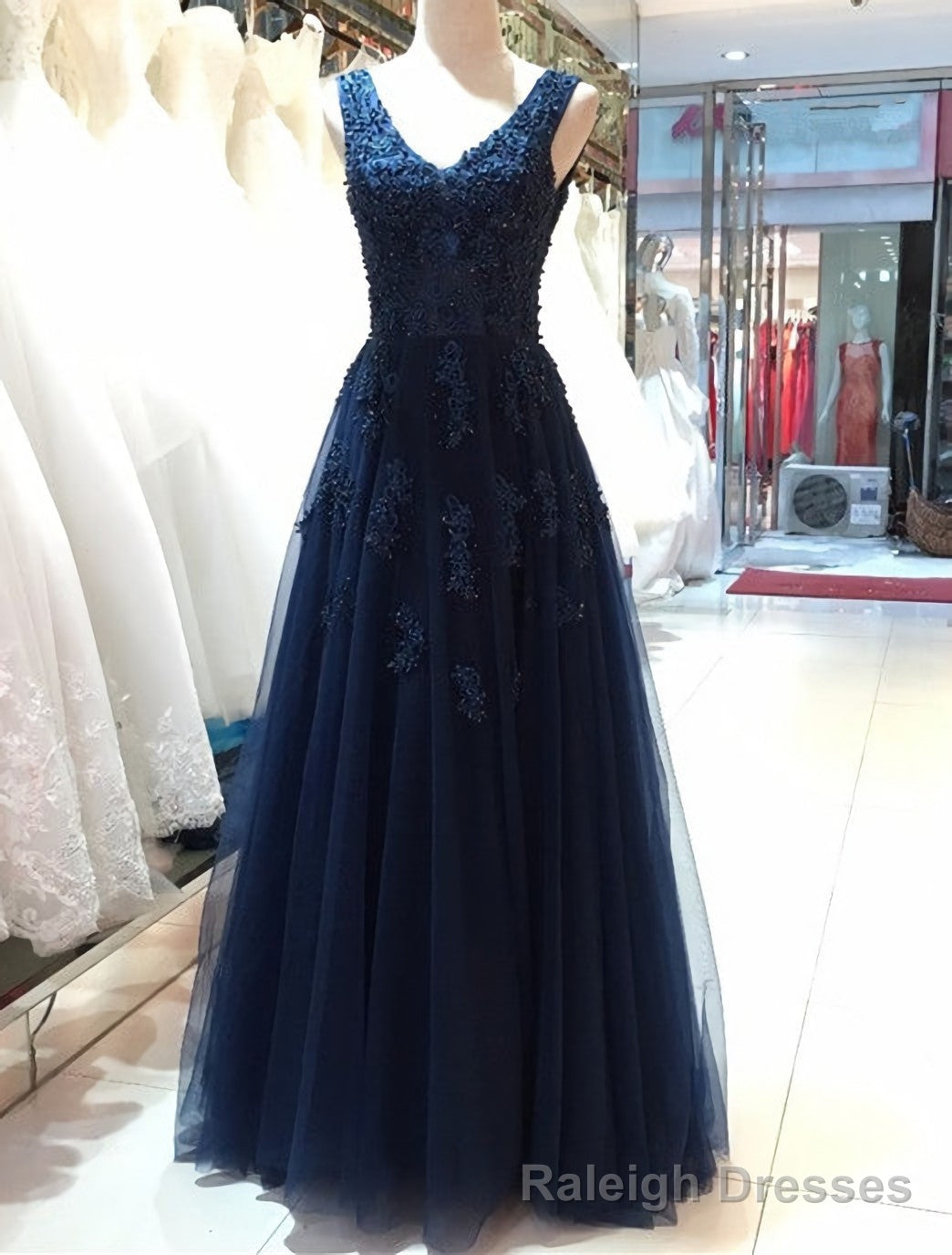 Elegant Navy Blue Tulle Backless Floor Length Prom Dresses, Party Gowns Evening Dresses, Navy Blue Formal Dresses Main image