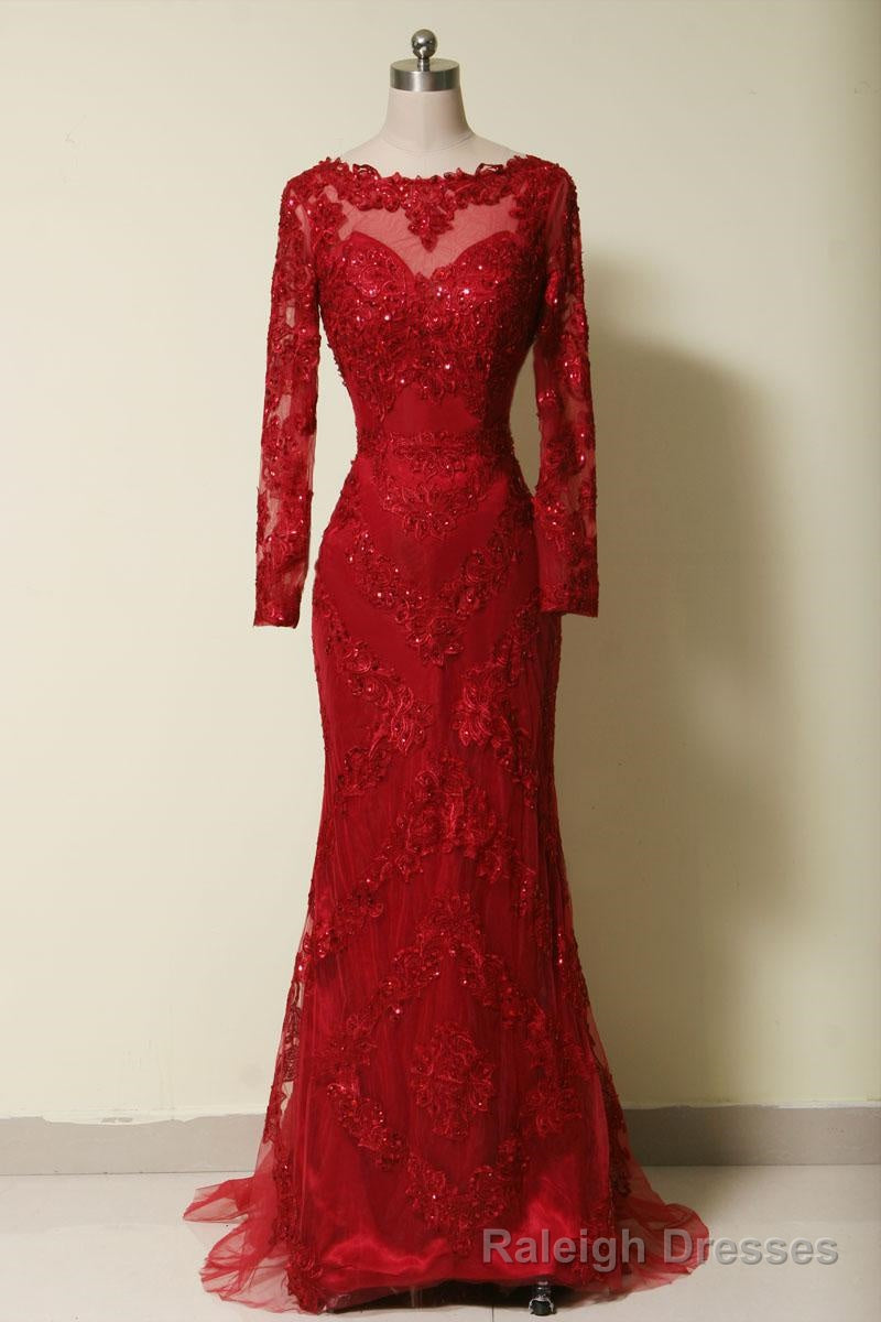 Elegant Long Sleeves Red Lace Mermaid Prom Dress, 2025 Party Dress, Evening Dress, 2025 Main image
