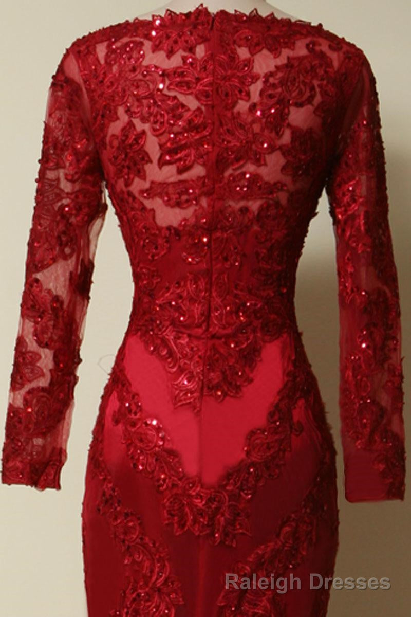 Elegant Long Sleeves Red Lace Mermaid Prom Dress, 2026 Prom Dress, Prom Dress, 2026