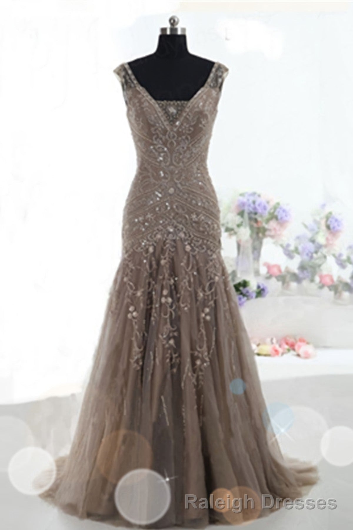 Mermaid Lace Up Brown Tulle Modest Beading V Neck Prom Dresses Main image