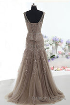 Mermaid Lace Up Brown Tulle Modest Beading V Neck Prom Dress
