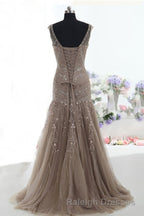 Mermaid Lace Up Brown Tulle Modest Beading V Neck Prom Dresses