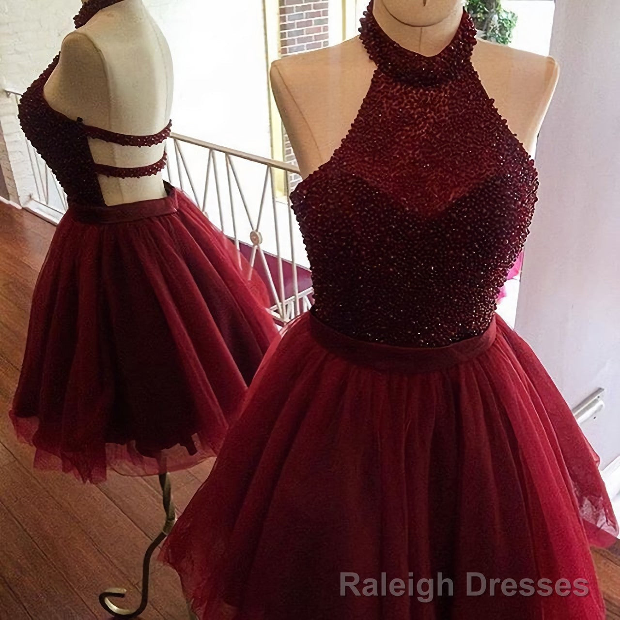 burgundy short halter sparkly semi beaded Homecoming Dresses Secondary image