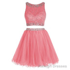 Bateau Neck Illusion Pink Short Crystal Beaded Two Piece Sequined Crop Top Tulle Mini Prom Dresses