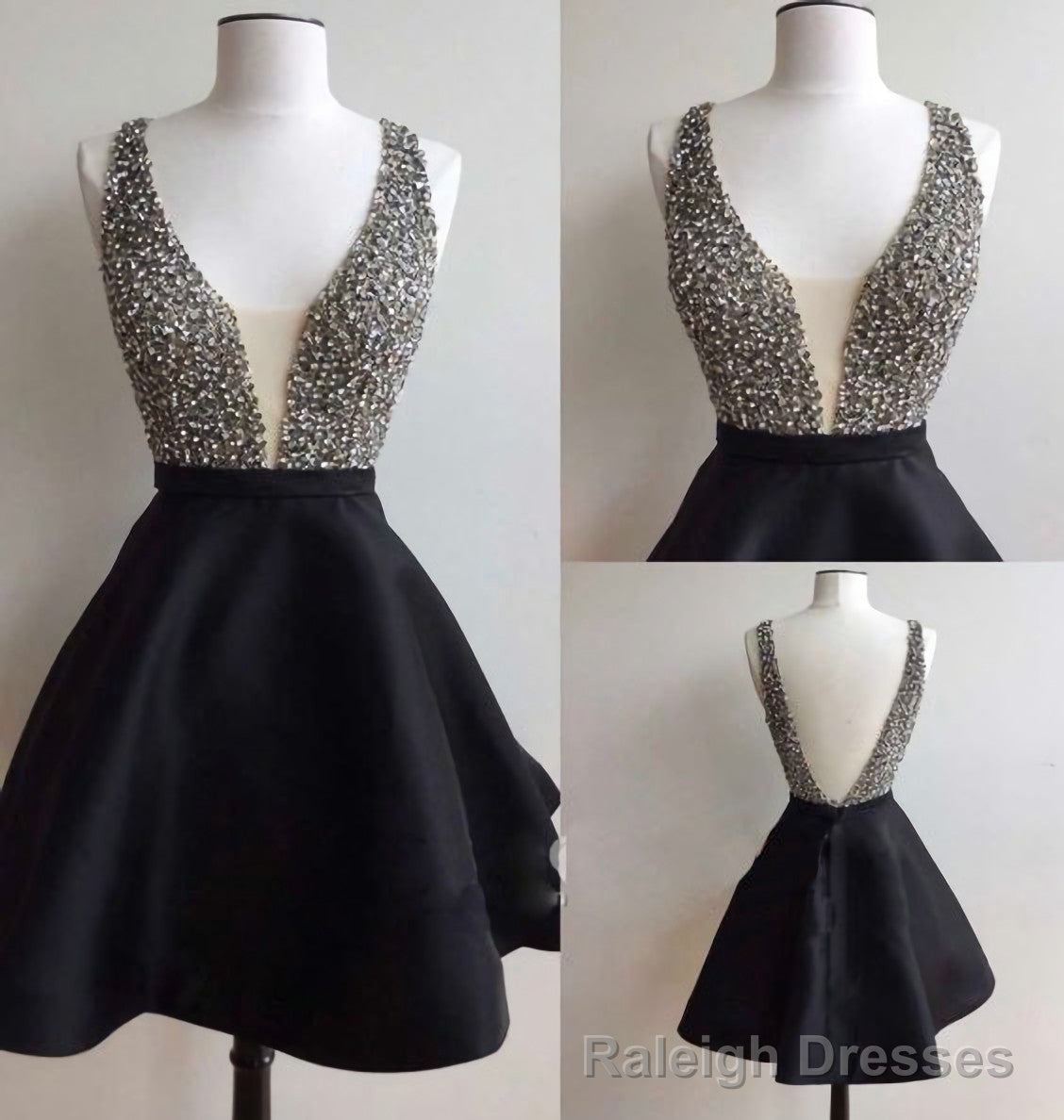 Black Satin V-back Rhinestone Little Black Juniors Homecoming Dresses Main image