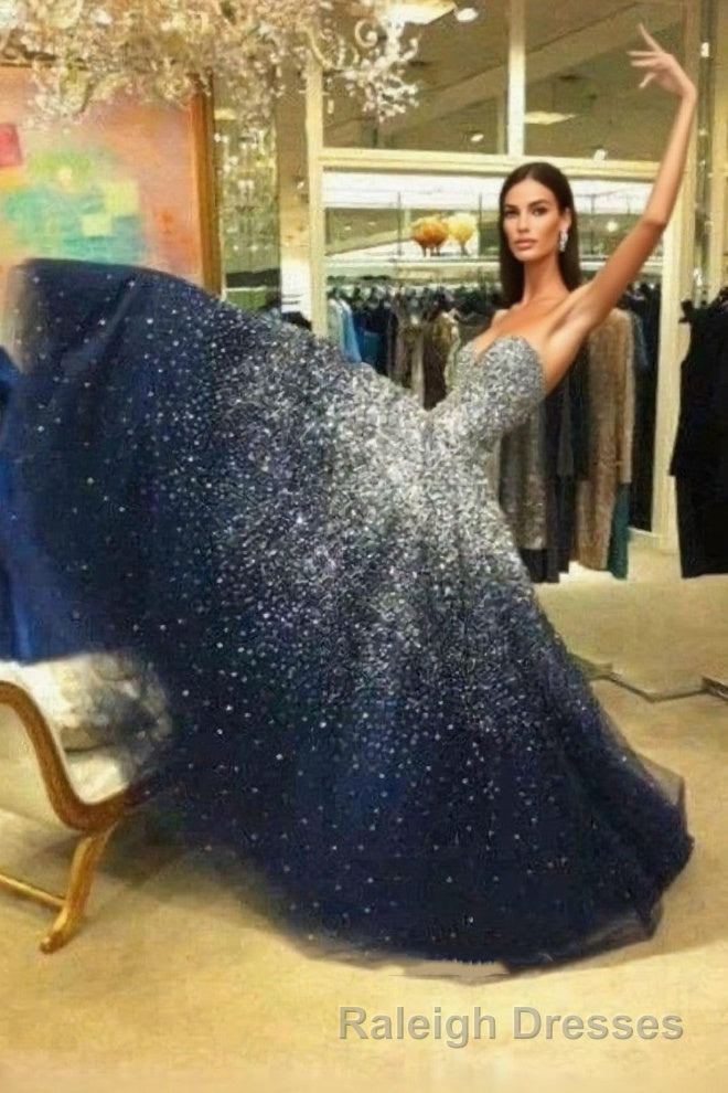 A Line Navy Blue Beading Tulle Prom Dresses Main image