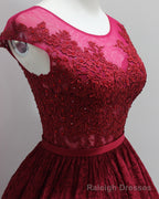 Burgundy High Low With Illusion Neckline Elegant Lace Strapless Rhinestones Prom Dresses