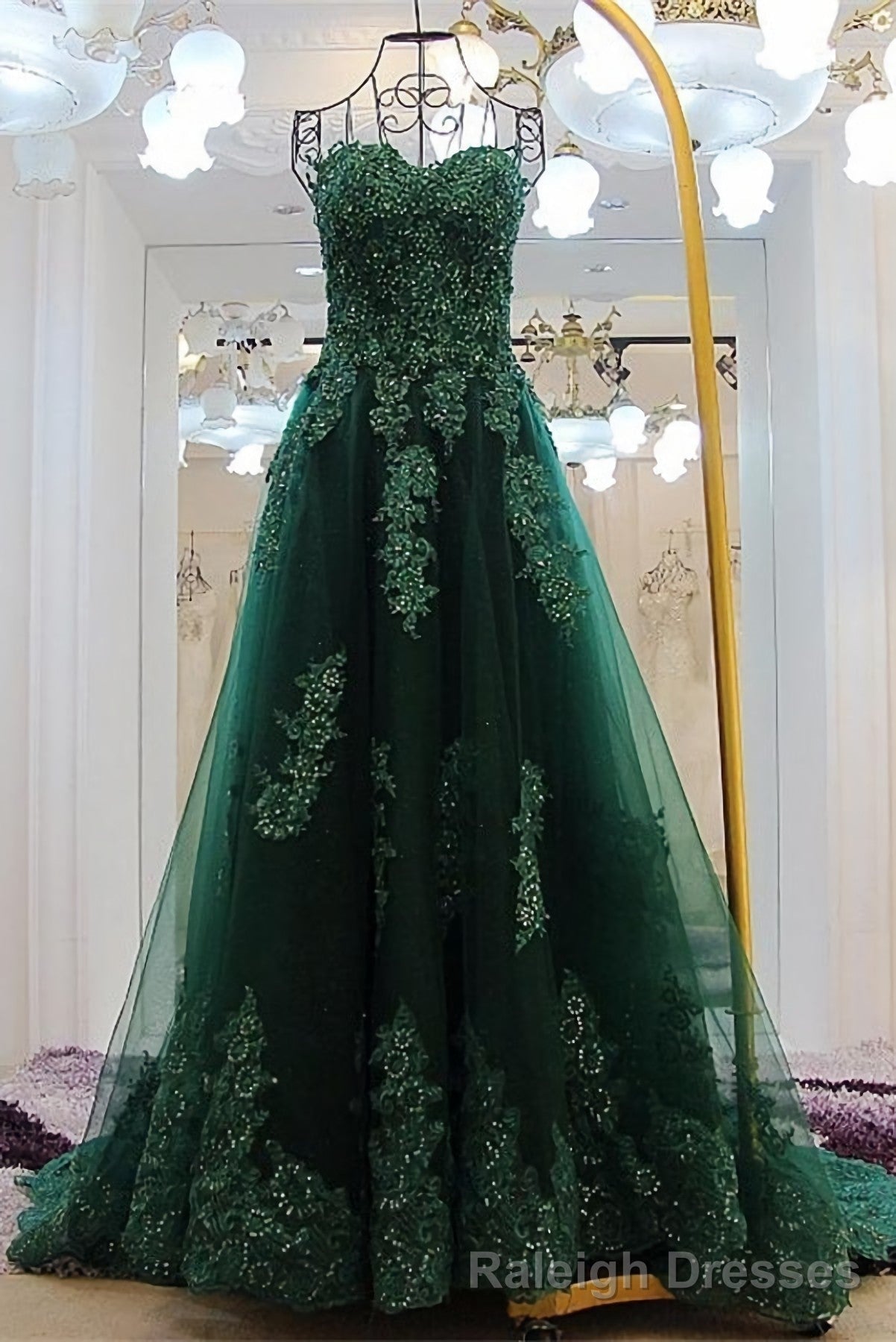 Sweetheart Long Lace Green Sweep Train Lace Up Prom Dresses Main image