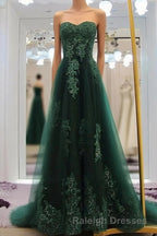 Sweetheart Long Lace Green Sweep Train Lace Up Prom Dress